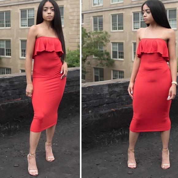 Red ruffle tube dress - Picture 6 of 7